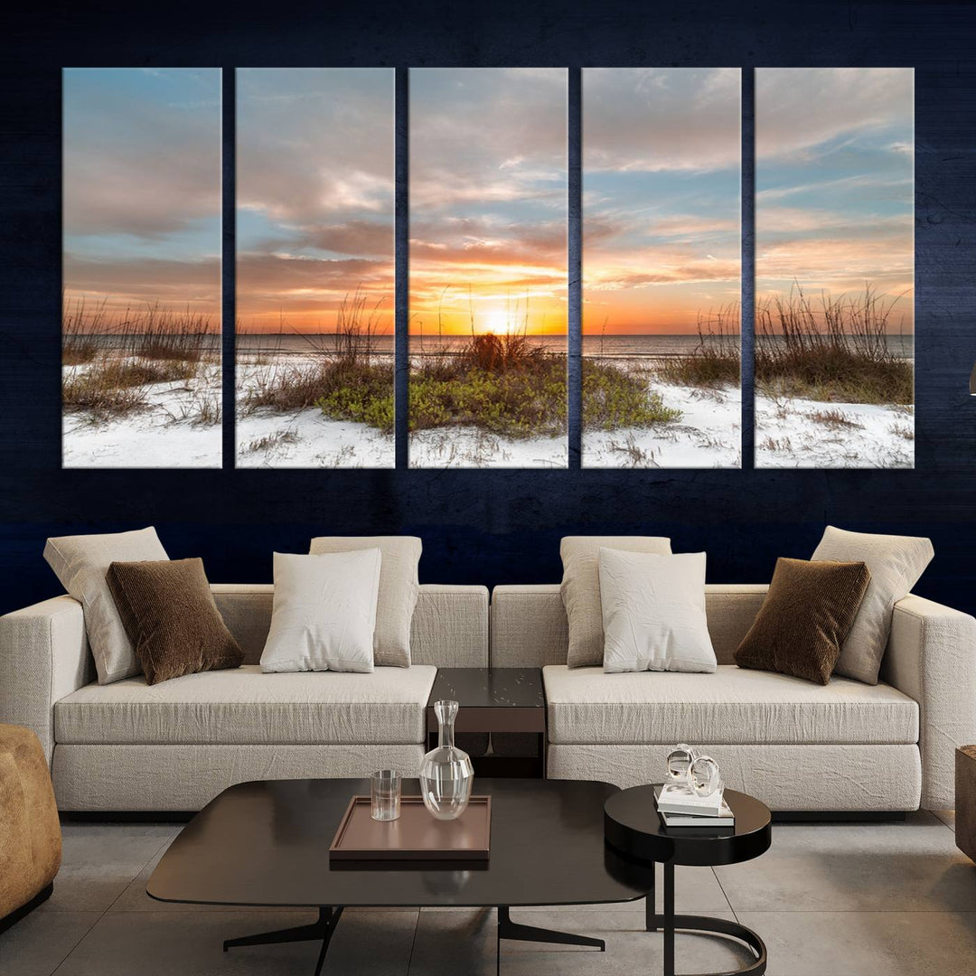 The Beach Ocean Sunset Sand Wall Art Canvas Print is expertly crafted on museum-quality canvases with a UV-protective coating.