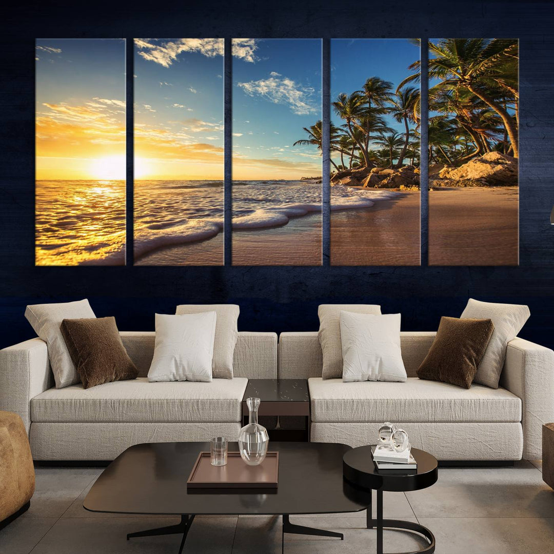 The wall features a Sunset Ocean View Beach Canvas Print, showcasing museum-quality craftsmanship by professional artisans.