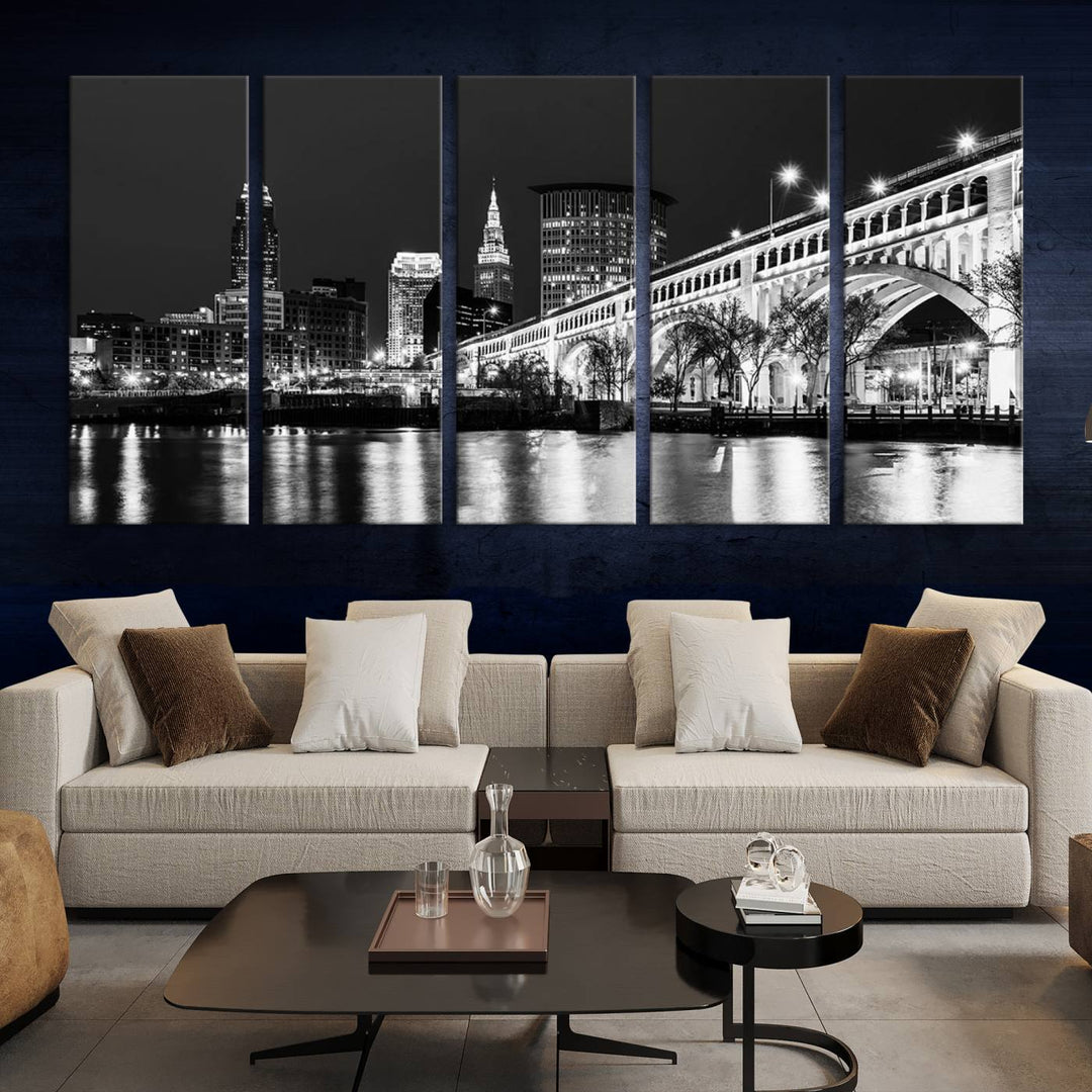 Enhance your space with the Cleveland Night Skyline Wall Art City Cityscape Canvas Print, a museum-quality black and white triptych. This ready-to-hang masterpiece is designed to elevate any room's aesthetic.