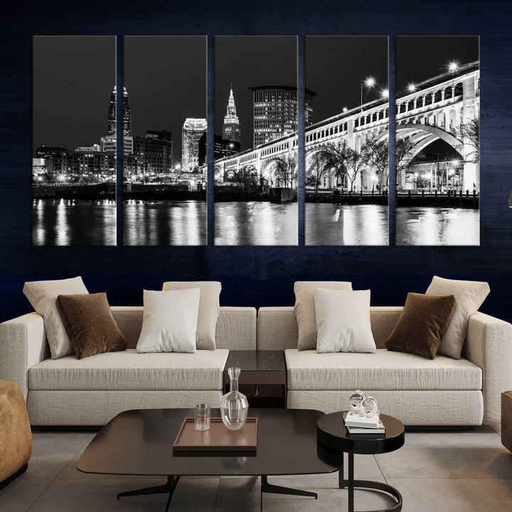 Enhance your space with the Cleveland Night Skyline Wall Art City Cityscape Canvas Print, a museum-quality black and white triptych. This ready-to-hang masterpiece is designed to elevate any room's aesthetic.