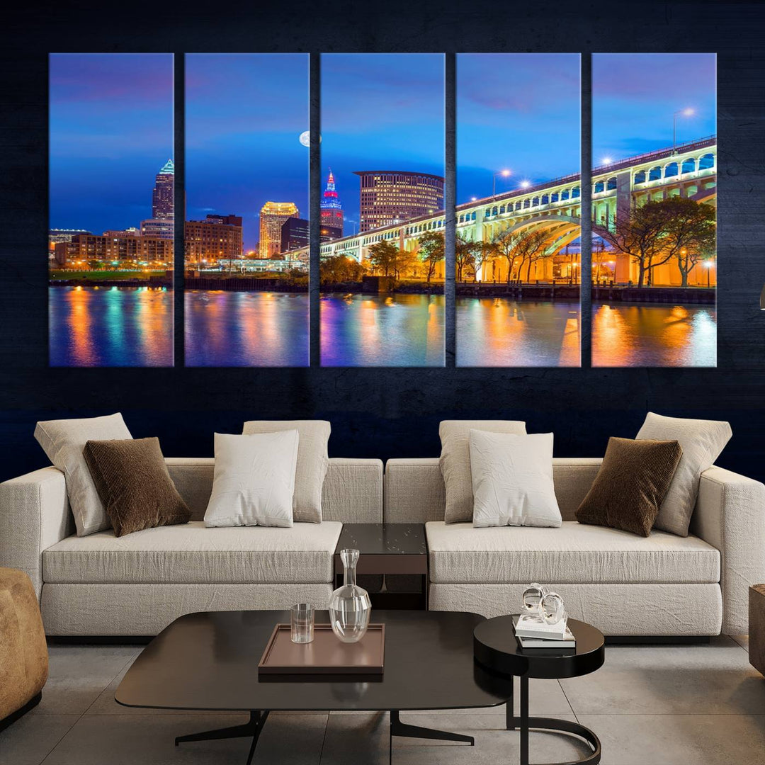 The Cleveland Night Skyline Wall Art City Cityscape Canvas Print portrays a city skyline and bridge lit up against the night sky. This artwork is printed on museum-quality canvas with a gallery-wrapped finish and features a UV-protective coating to ensure lasting vibrancy.