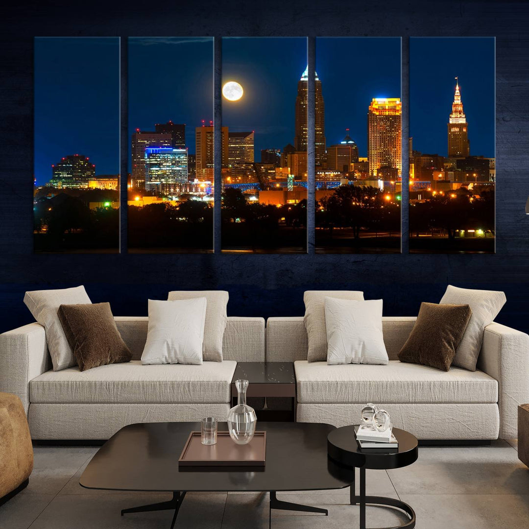 The "Cleveland Night Skyline Wall Art City Cityscape Canvas Print" adds elegance to the room with its depiction of a city skyline and full moon on museum-quality canvas. The artwork is enhanced by a UV-protective coating to ensure lasting brilliance.