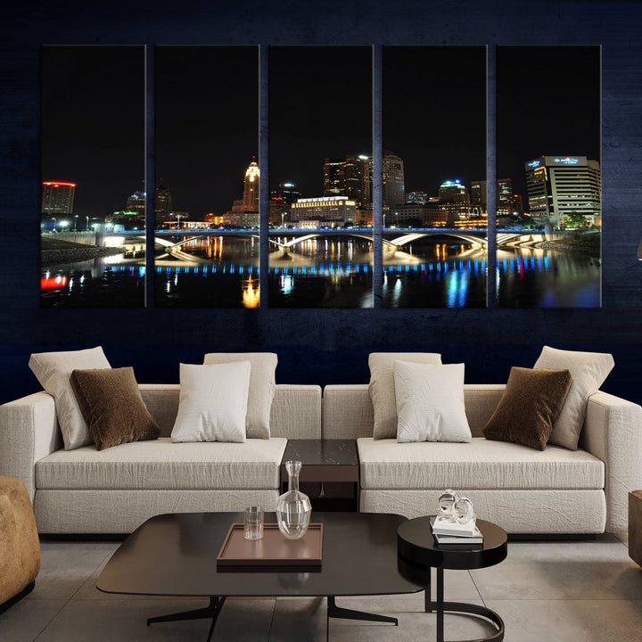 The "Columbus City Lights Night Skyline Cityscape View Wall Art Canvas Print" elegantly decorates the area, presented on museum-quality canvases that feature UV-protective coating to maintain their vibrant appearance.