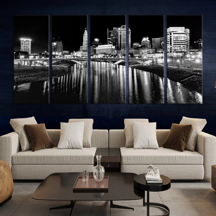 The living room showcases the Columbus City Lights Skyline Black and White Wall Art Cityscape Canvas Print.