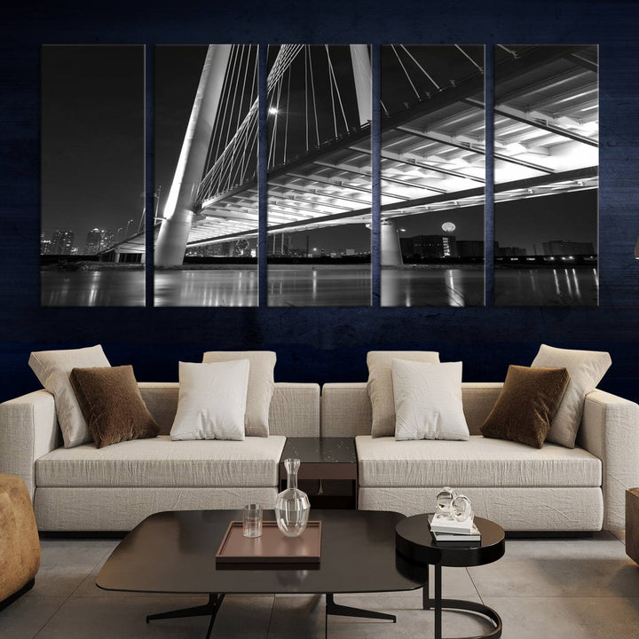 The modern living room features the museum-quality "Dallas City Bridge Lights Skyline Black and White Wall Art Cityscape Canvas Print," elegantly displayed on gallery-wrapped canvas.