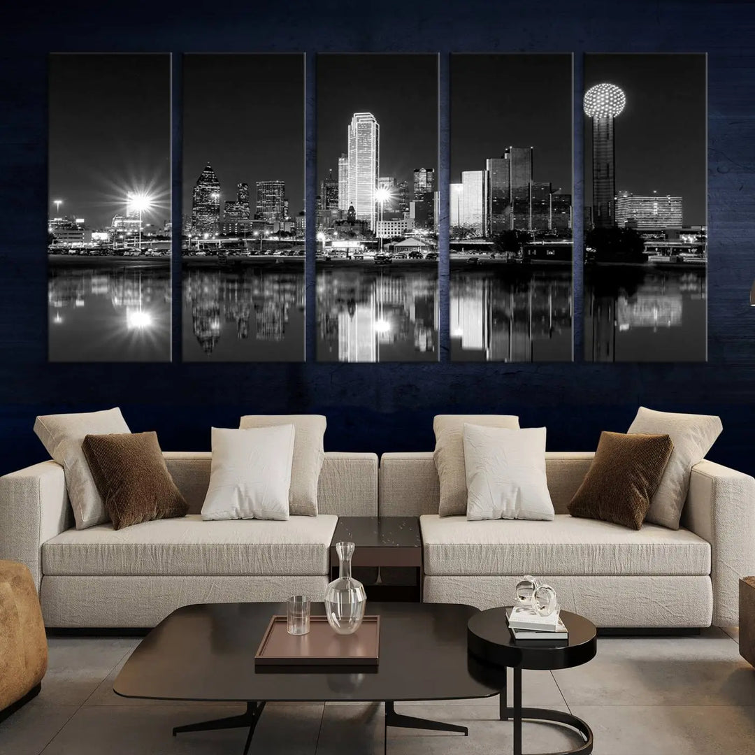 The Dallas City Lights Skyline Black and White Wall Art Cityscape Canvas Print is a striking addition to any space. These museum-quality canvases feature a UV-protective coating to maintain their beauty over time. Enjoy the convenience of free shipping when you choose this elegant piece for your home.