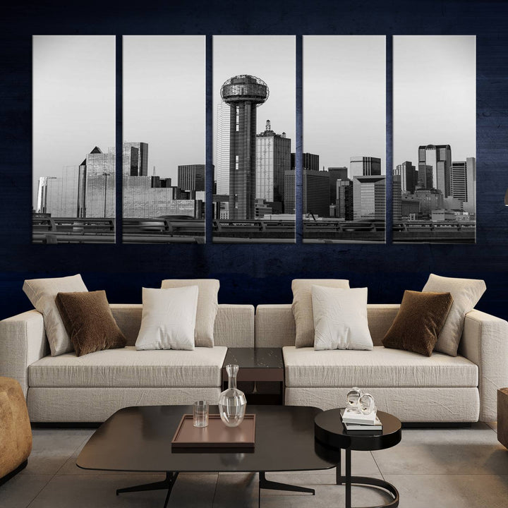 The Dallas City Lights Skyline Black and White Wall Art is elegantly displayed on museum-quality canvas.