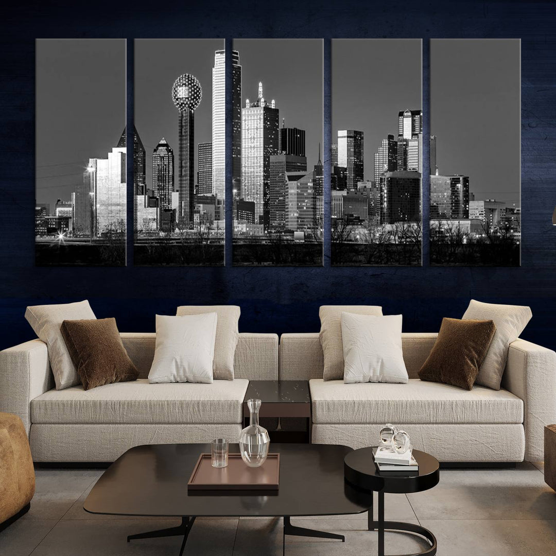 The Dallas City Skyline Black and White Wall Art Cityscape Canvas Print features a gallery-wrapped, museum-quality finish.