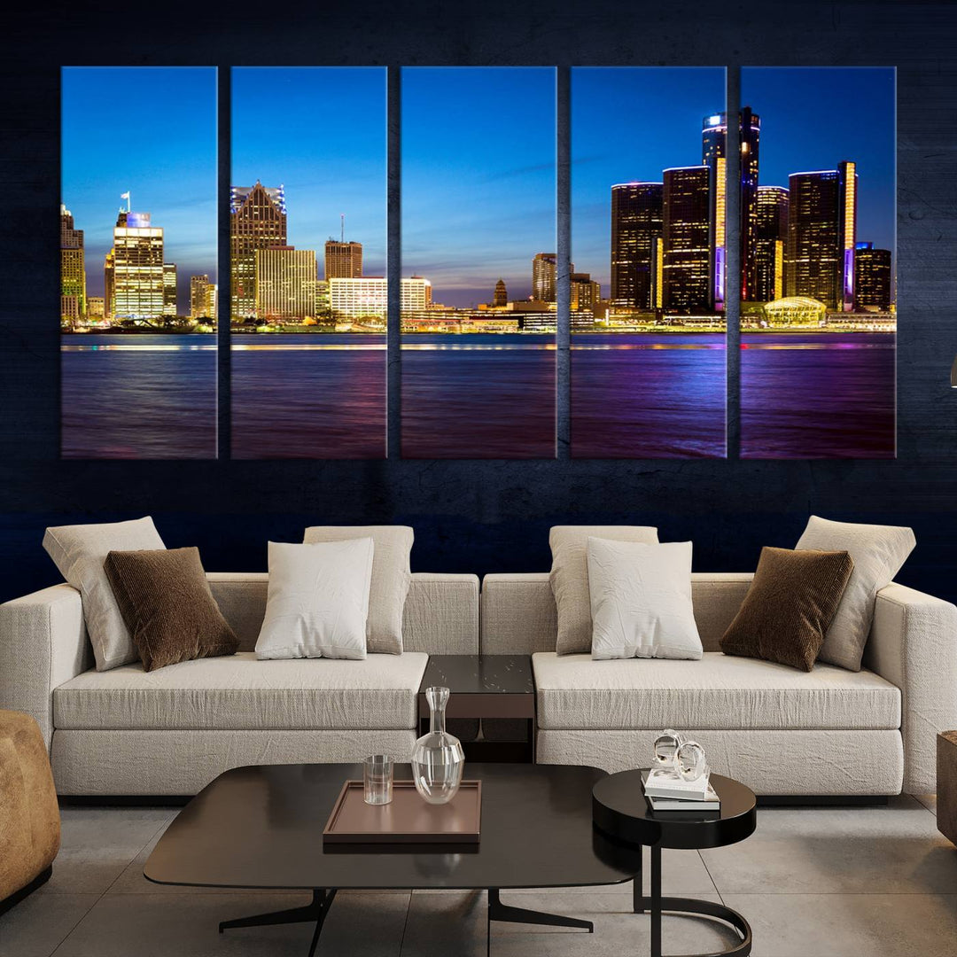 The living room features a breathtaking canvas print titled "Detroit City Lights Night Bright Blue Skyline Cityscape View," presented in a stunning triptych format on museum-quality canvases that are ready to hang.