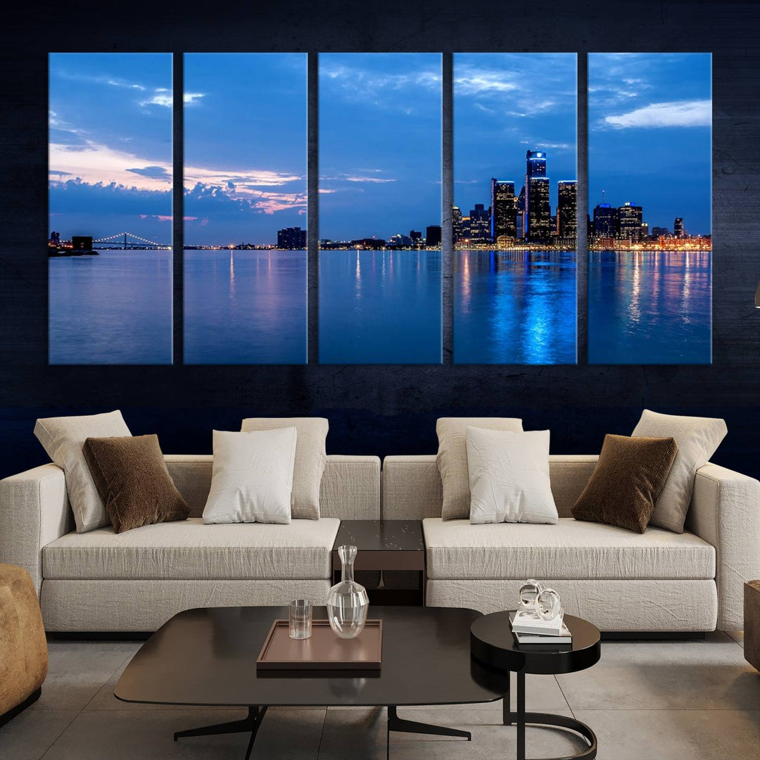 The "Detroit City Lights Night Blue Cloudy Skyline Cityscape View" wall art, displayed on museum-quality canvases, is split into three gallery-wrapped panels.