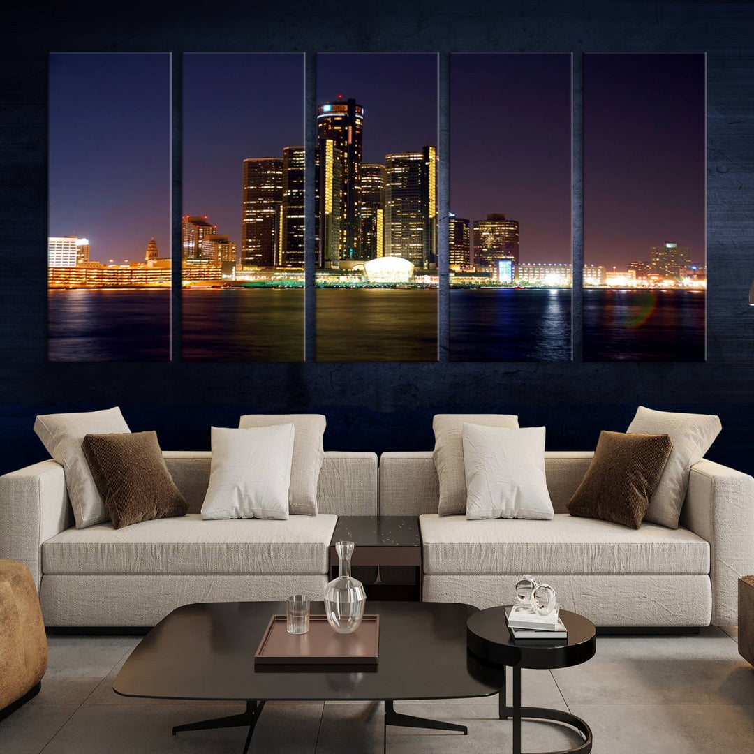 The Detroit City Lights Night Skyline Cityscape View Wall Art Canvas Print, elegantly split into three panels, is made from museum-quality pollycotton and gallery wrapped for a sophisticated touch. It is available with free shipping to effortlessly elevate your space.