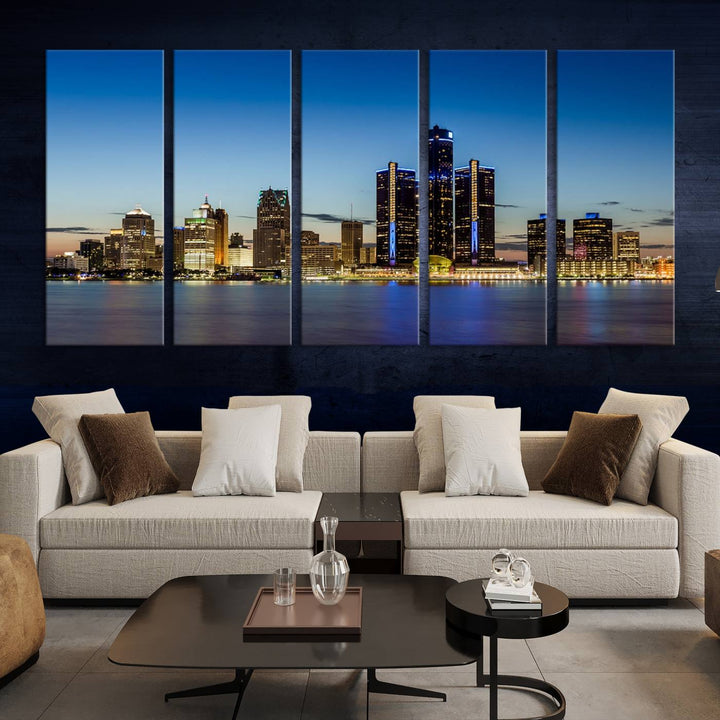 Detroit City Lights Sunrise Skyline Cityscape View Wall Art Canvas Print