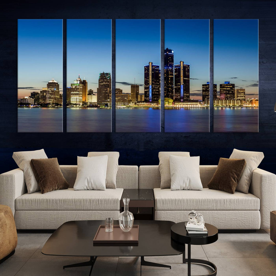 The "Detroit City Lights Sunrise Skyline Cityscape View Wall Art Canvas Print" on the wall is a triptych gallery-wrapped on museum-quality canvas, adding an elegant touch to the space.