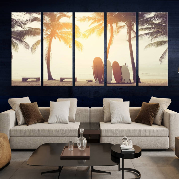 Surfboard and Palm Tree on Beach Double Exposure with Colorful Bokeh Sunset Light Wall Art Canvas