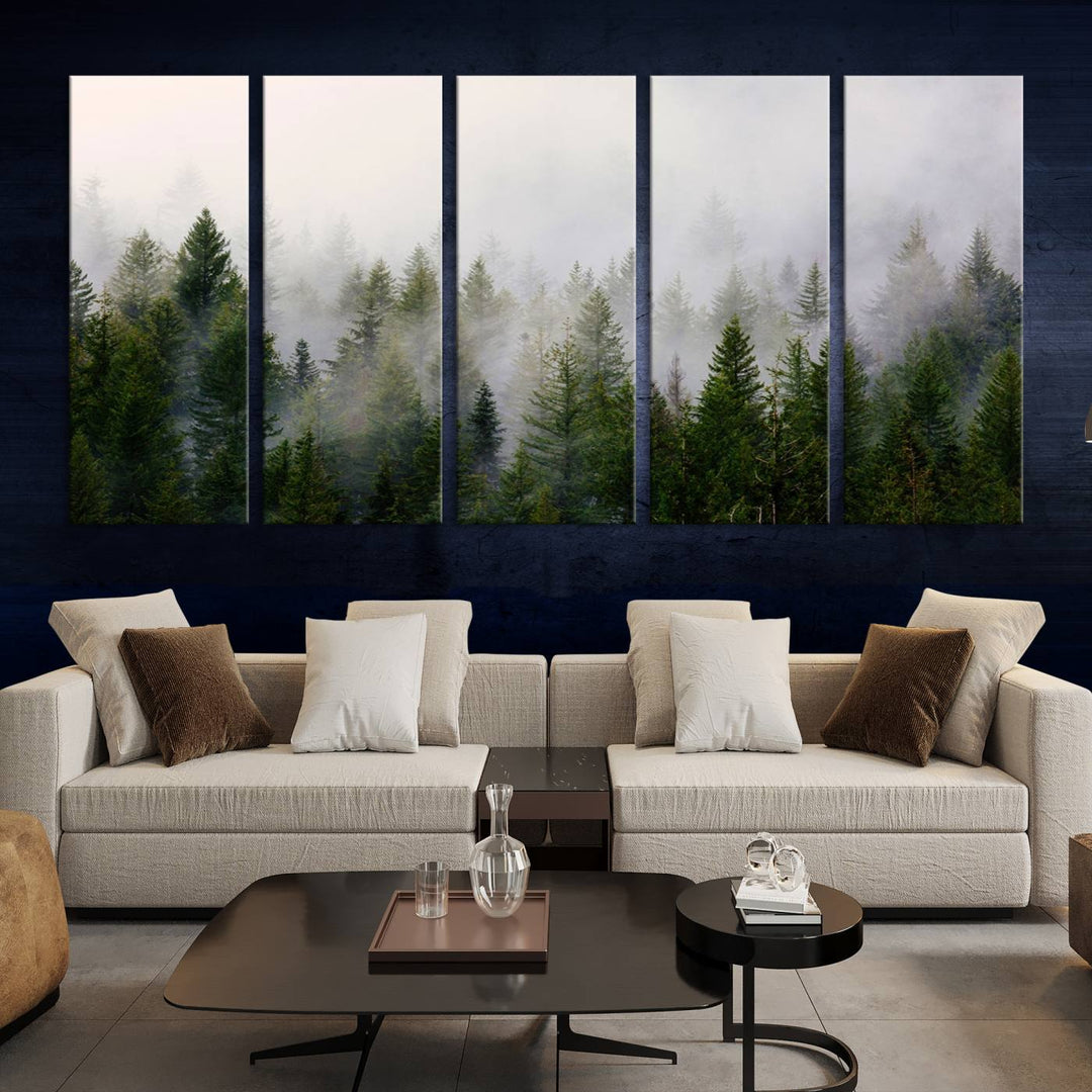 A 3-panel Misty Pine Forest Wall Art Canvas Print, featuring a green woodland scene, adorns the wall.