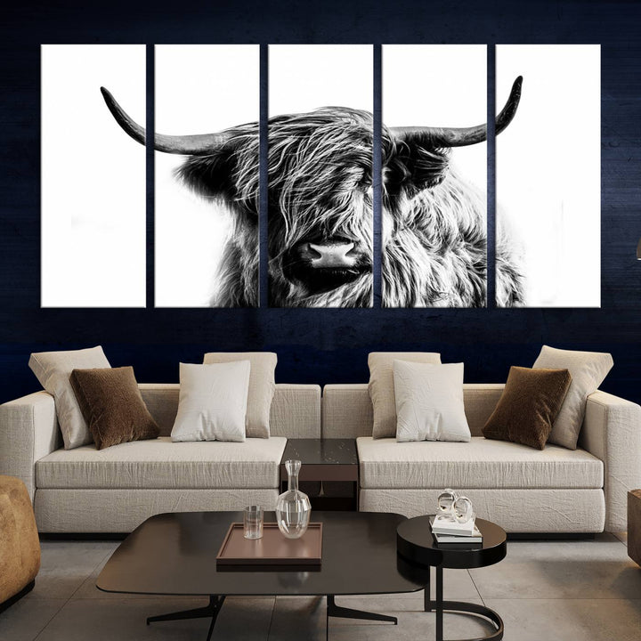 The Scottish Highland Cow Cattle Art Print Farmhouse Wall Art Canvas Print enhances rustic farmhouse decor with its depiction of a long-haired, large-horned cow. This triptych is an ideal choice for chic wall art.