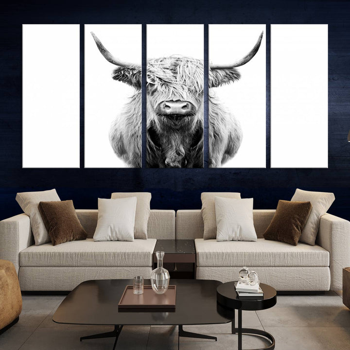 The wall art features a triptych of a Scottish Highland cow, printed on museum-quality canvases with a UV-protective coating. This decorative piece is known as the Highland Cow Canvas Wall Art Farm House Wall Art.