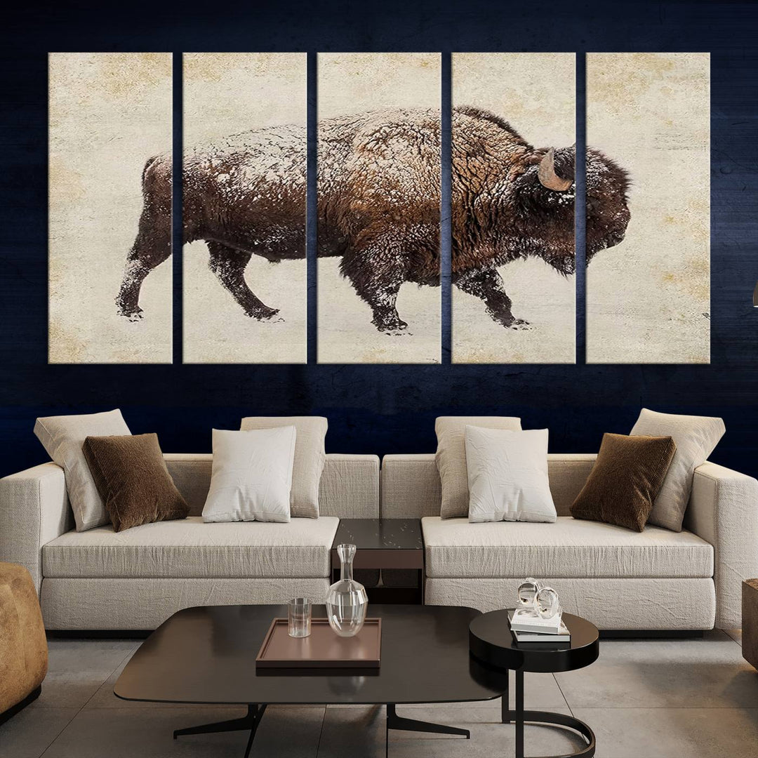 The "Buffalo Wall Art" canvas print, featuring a Western bison, hangs prominently, infusing the space with rustic cowboy and Western decor.