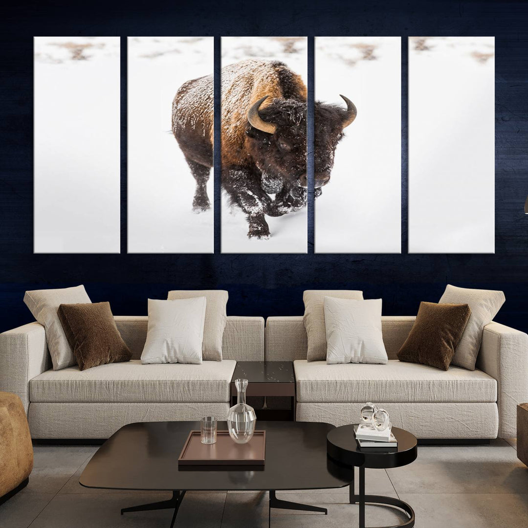 The Bison Winter Wall Art Canvas Print for Farmhouse Decor is displayed as a triptych in the living room. This artwork, printed on museum-quality canvases with a UV-protective coating to maintain its vibrant colors, is the focal point of the space.