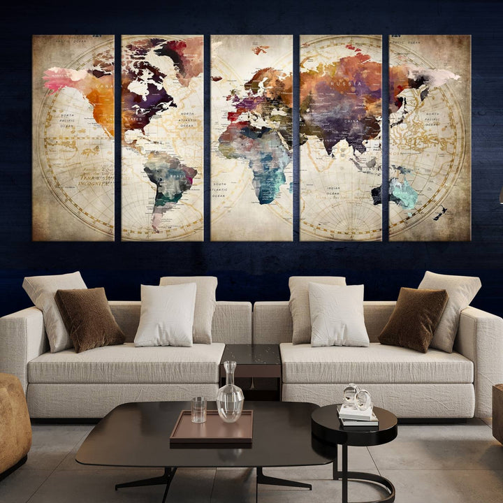 A World Map Wall Art Canvas Print featuring vibrant colors is crafted on museum-quality canvas, adding a touch of elegance to the room.