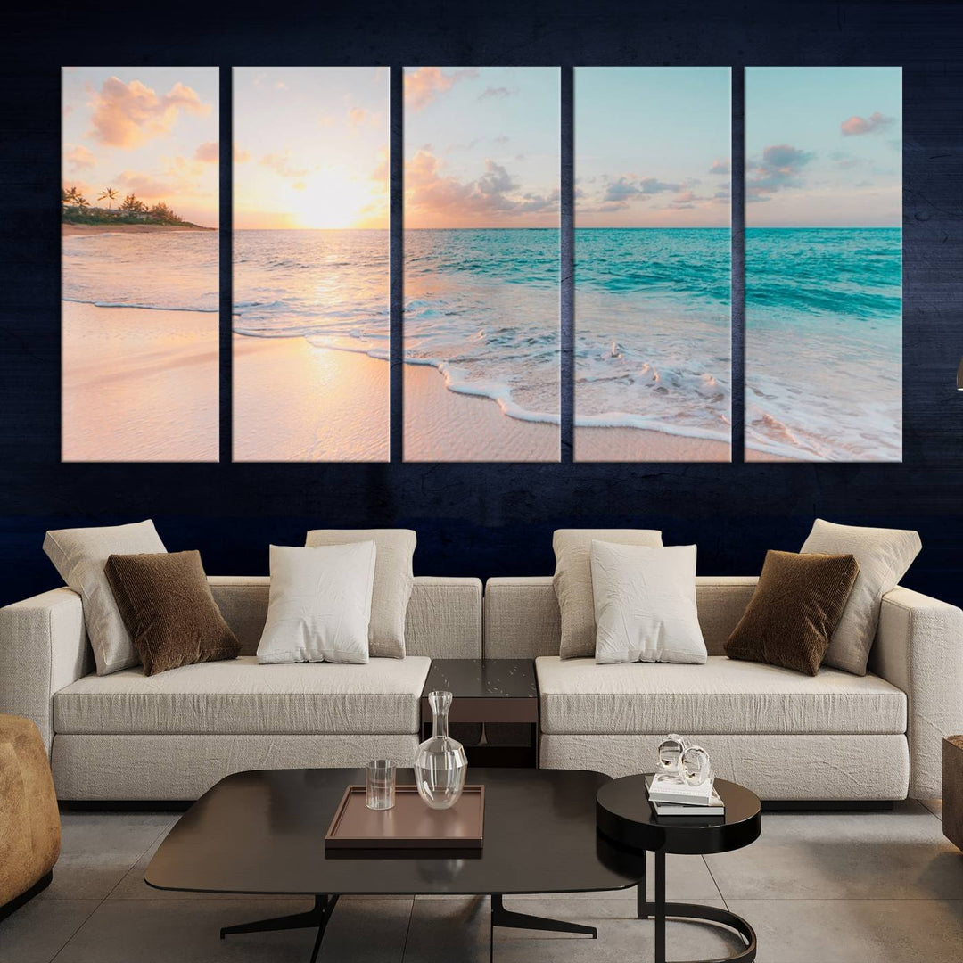 Beach Sunrise Wall Art, Coastal Seascape Canvas Print, Ocean Wave Multi-Panel Giclee, Coastal Sunset Beach Scene for Modern Decor