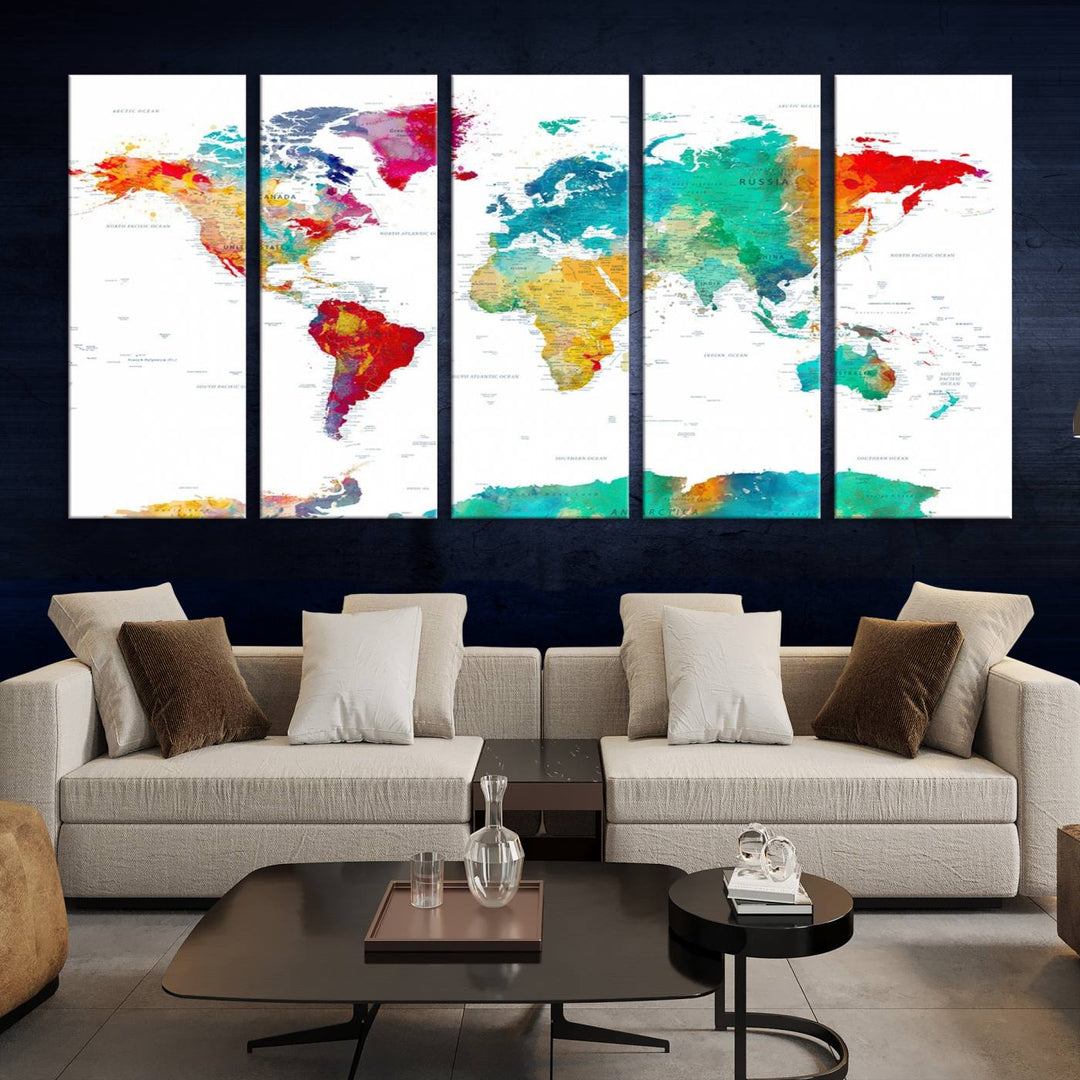 A stunning Colorful World Map Triptych Canvas Print, featuring a ready-to-hang framed design, adds vibrancy and modern flair to the space, effortlessly elevating the entire home décor.