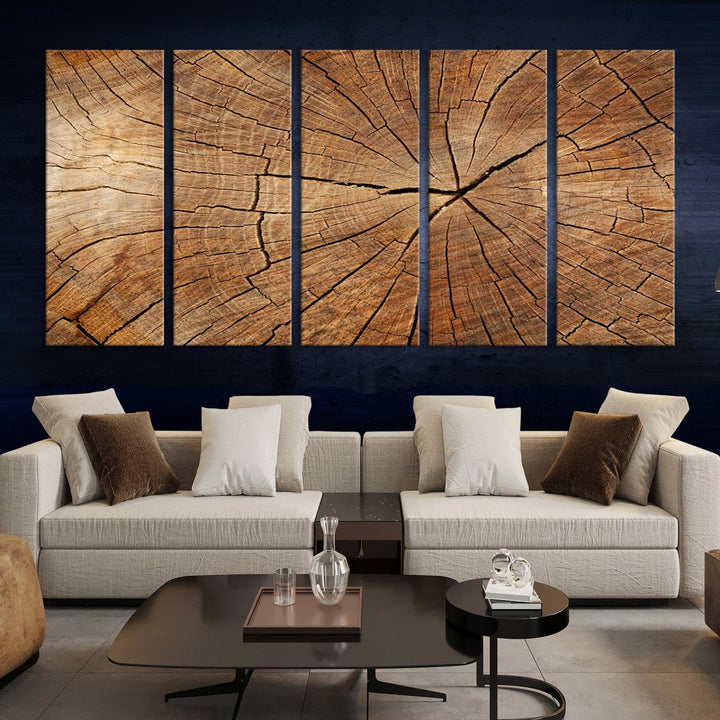 The stunning multi-panel wall art piece, the Tree Ring Canvas Art, features intricate rustic wood grain textures. This giclee triptych hangs elegantly on the wall.