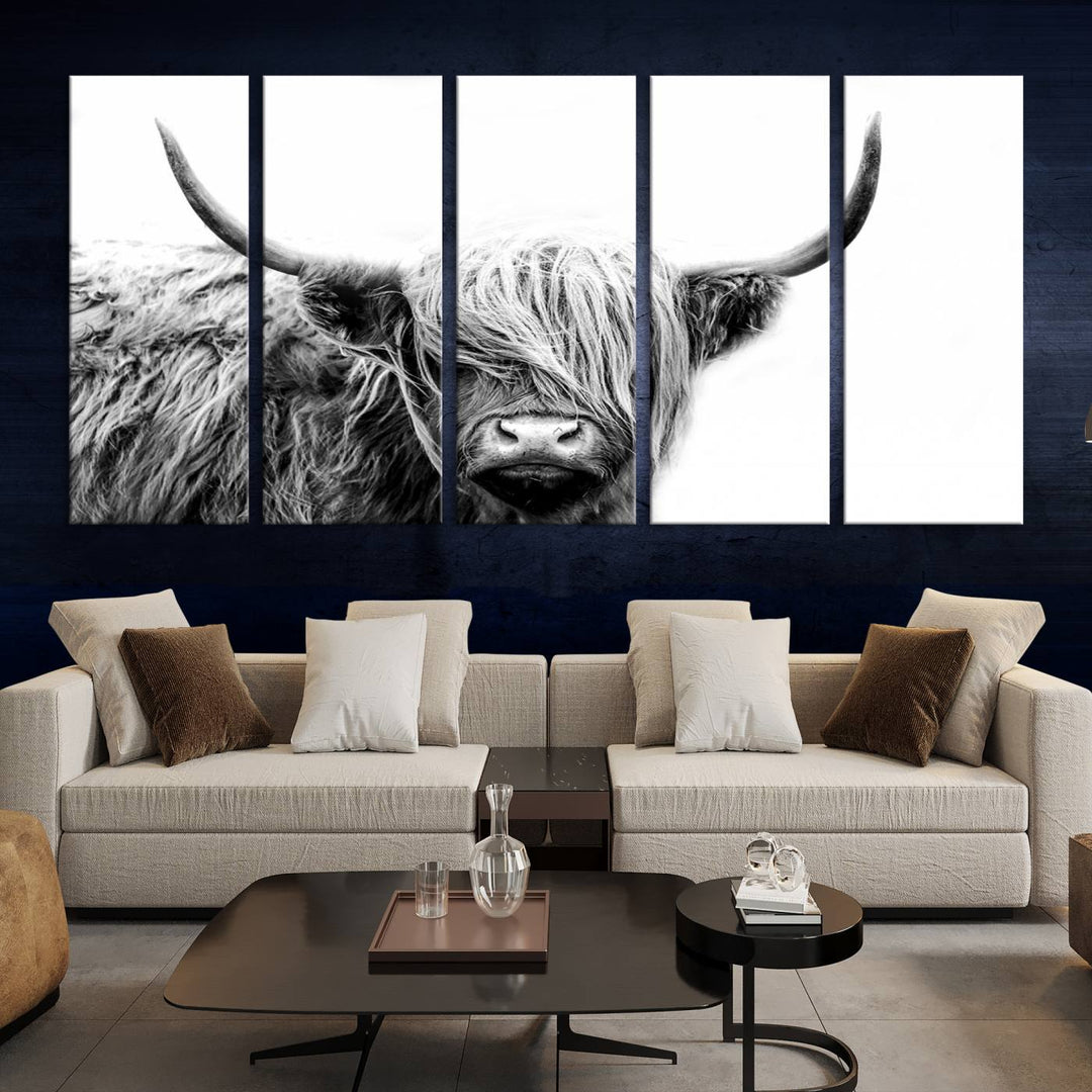 A museum-quality triptych titled "Black White Scottish Highland Cow Cattle Art Print Farmhouse Wall Art Canvas Print" embellishes the dark wall. The canvas is equipped with a UV-protective coating to ensure lasting vibrancy.