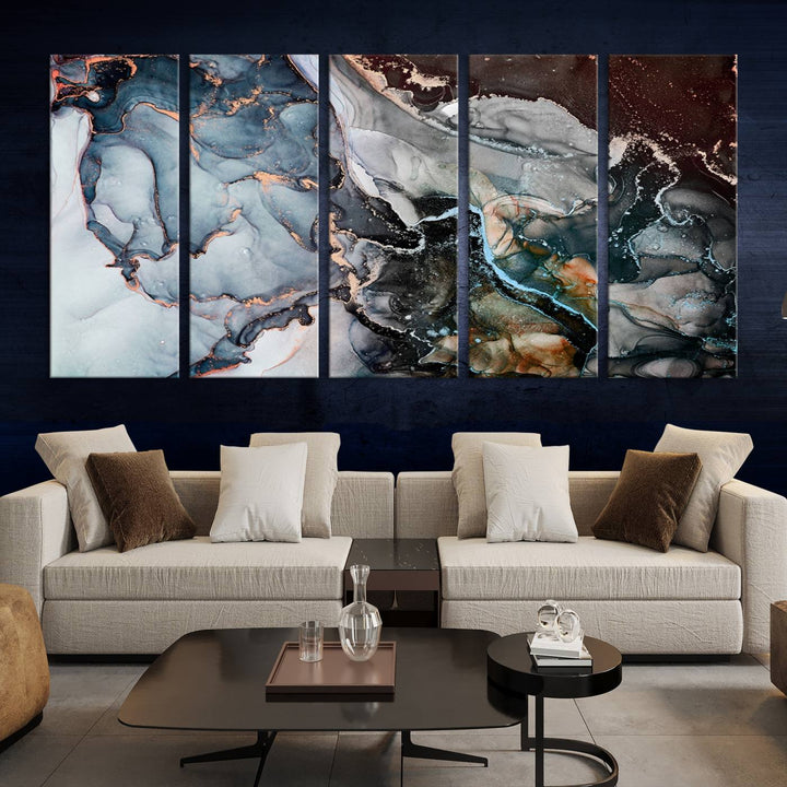 The Mix Color Large Abstract Marble Wall Art Canvas Print is printed on museum-quality canvas. It features a UV-protective coating and is ready to hang, adding elegance to the room.