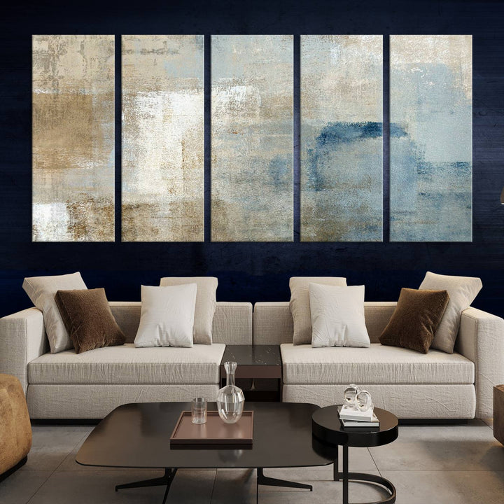 Abstract Blue and Beige Wall Art, Modern Minimalist Canvas Print Set, Giclee Textured Art, Large Multi-Panel Artwork for Living Room