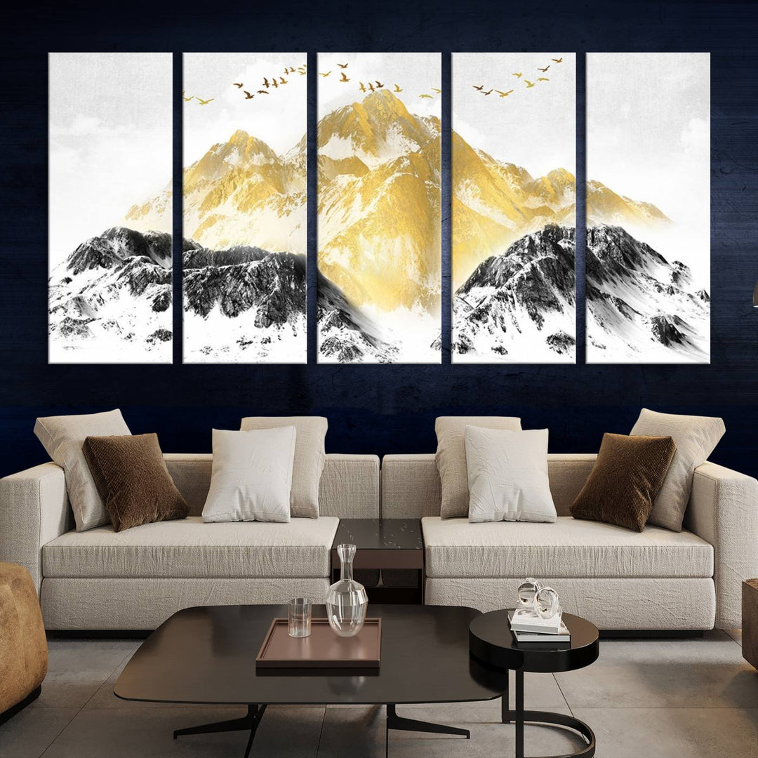 Golden Mountain Triptych Wall Art, Modern Giclee Canvas Print, Nature Landscape Decor for Living Room, Contemporary Gold and Black Wall Art