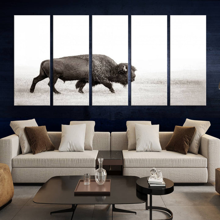 American Bison in Grasslands Triptych Canvas Wall Art – Western-Inspired Nature Decor for Home or Office