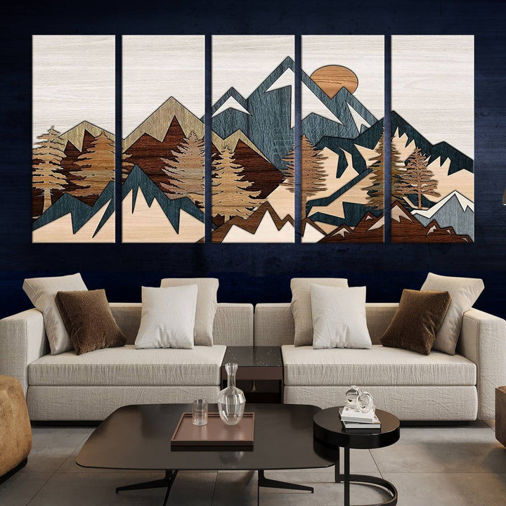 Woodland Mountain Landscape Triptych, Giclee Canvas Art for Modern Home, Rustic Wooden Nature Wall Art, Large Mountain and Tree Canvas for Living Room