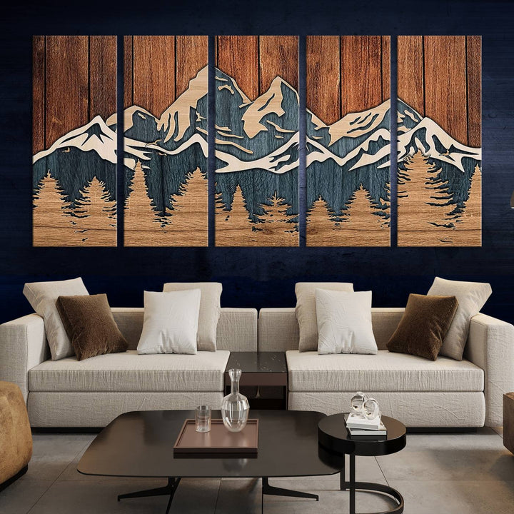 Rustic Wood Style Mountain Wall Art, Nature Forest Canvas Print, Wooden Textured Mountain Artwork, Handcrafted Landscape Decor for Farmhouse Decor