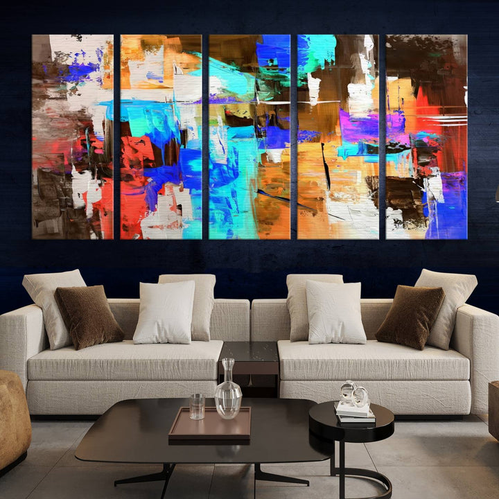 In a modern living room, the "Colorful Abstract Wall Art Canvas Print" serves as a stunning triptych centerpiece on museum-quality canvas, ready to hang. Its UV-protective coating ensures enduring vibrancy.