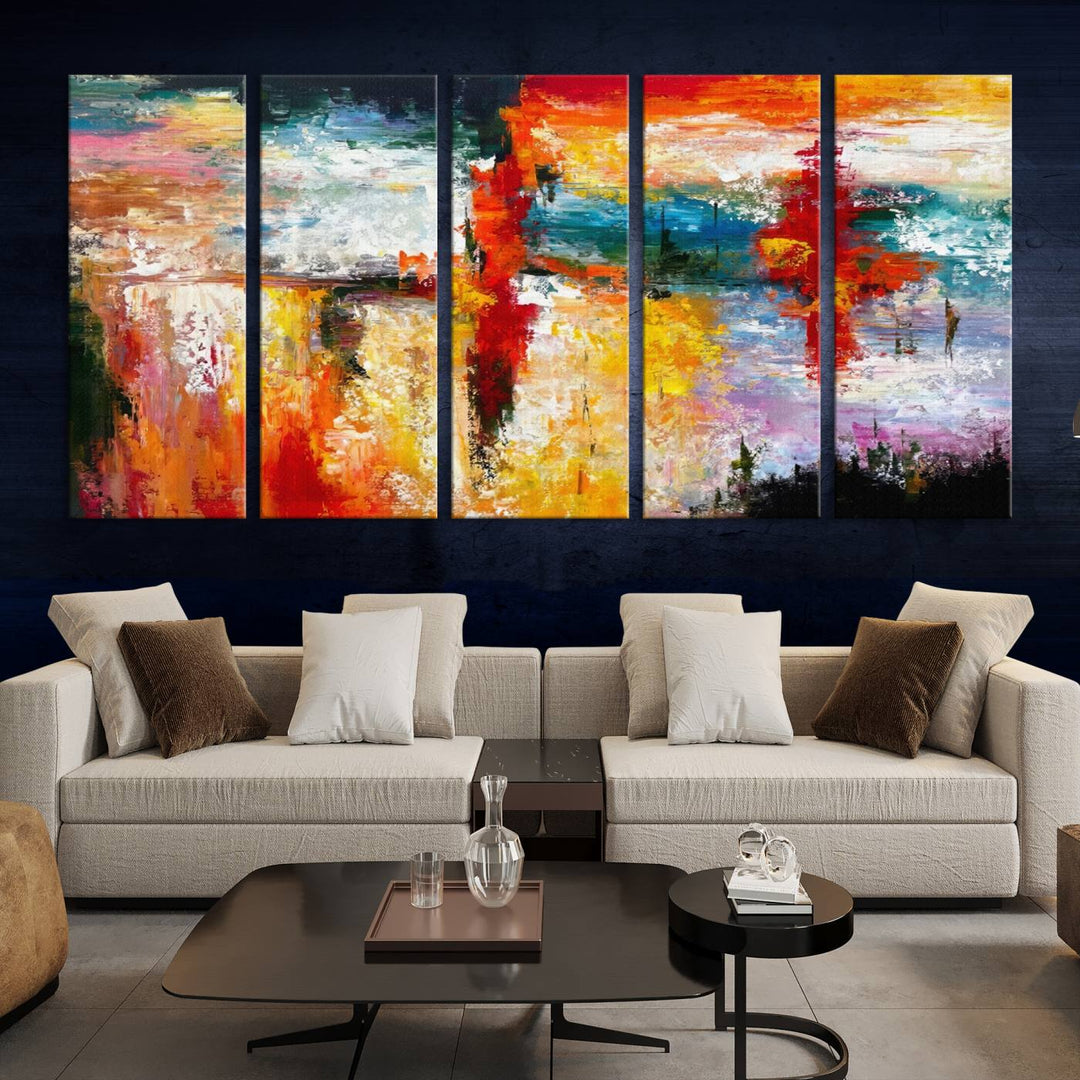 A Colorful Abstract Wall Art Canvas Print graces the wall, making this ready-to-hang masterpiece, complete with UV-protective coating, perfect for elevating any space with its vibrant allure.