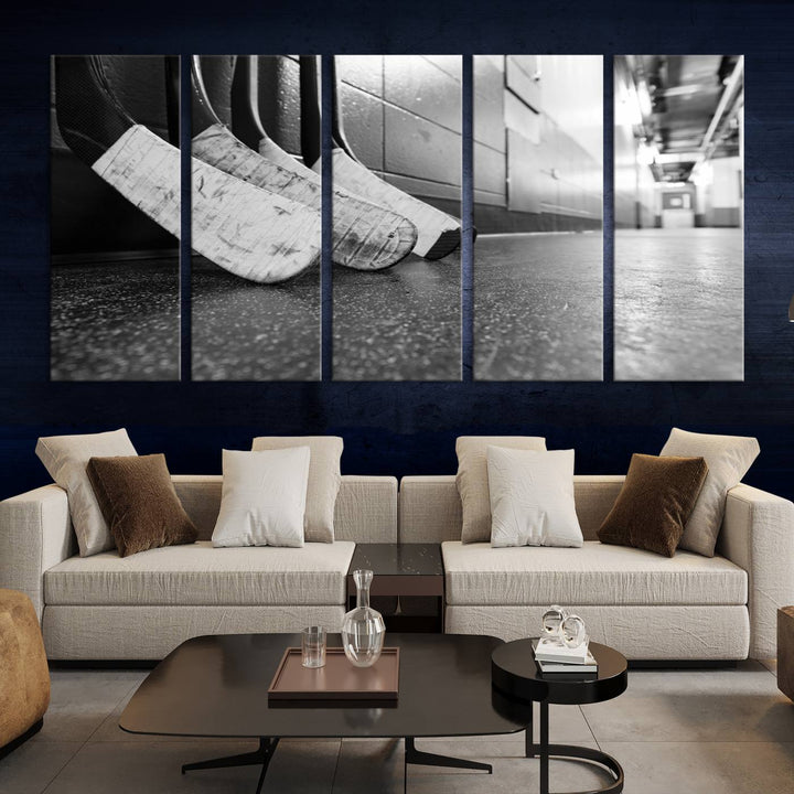 A living room featuring a large Ice Hockey Wall Art Canvas Print on gallery-wrapped canvas.