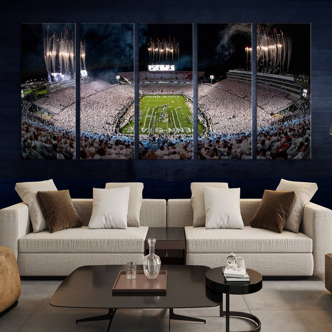 The Penn Stadium Football Wall Art Canvas Print showcases the lively ambiance of a bustling Pennsylvania University football stadium illuminated by fireworks.