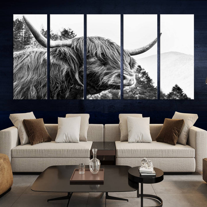 The Scottish Longhorn Wall Art Canvas Print features a highland cow with long horns and shaggy hair displayed on a museum-quality canvas. Equipped with a UV-protective coating for durability, it's ready to hang and enjoy for years to come.