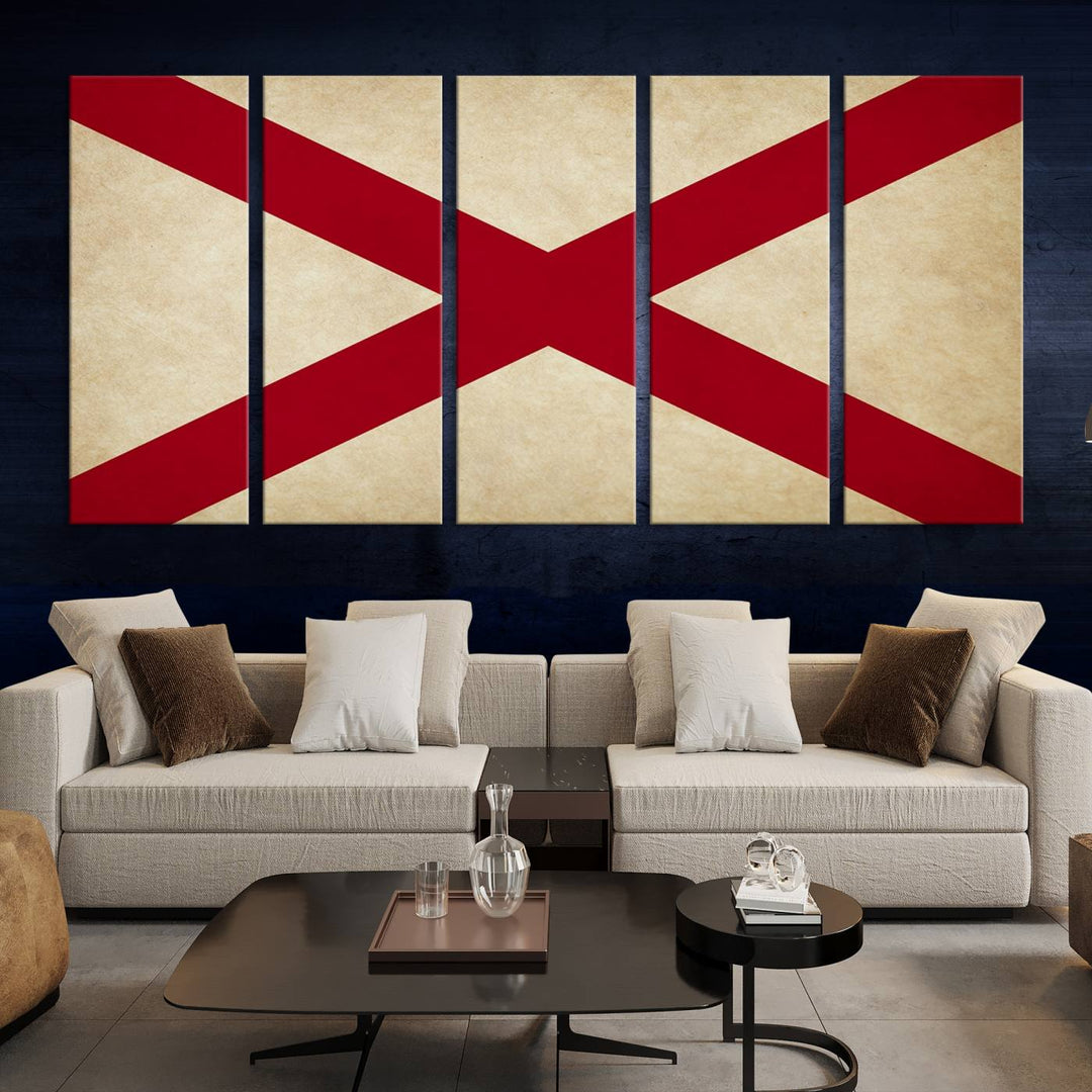 The USA Alabama States Flag Wall Art, featuring a red diagonal cross on a cream background, is elegantly displayed on museum-quality canvas with a UV-protective coating.