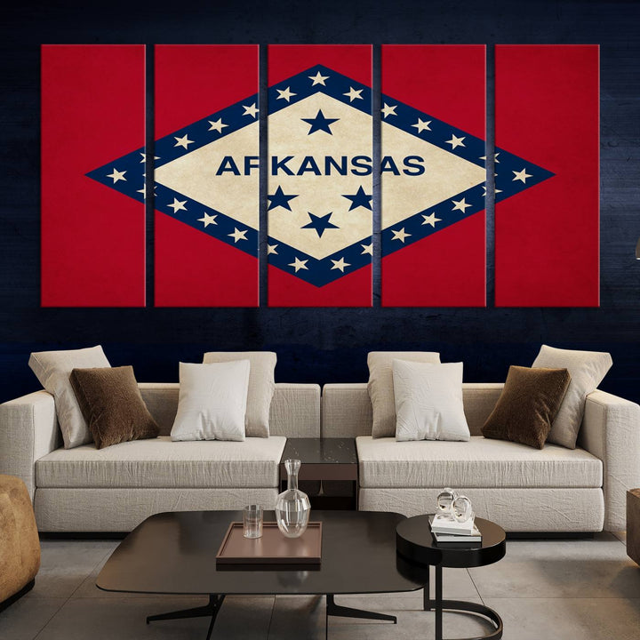 The Arkansas Flag Wall Art Canvas Print is displayed on gallery-wrapped, museum-quality canvases. Its vibrant colors are preserved by a UV-protective coating, ensuring long-lasting brilliance in your living space.