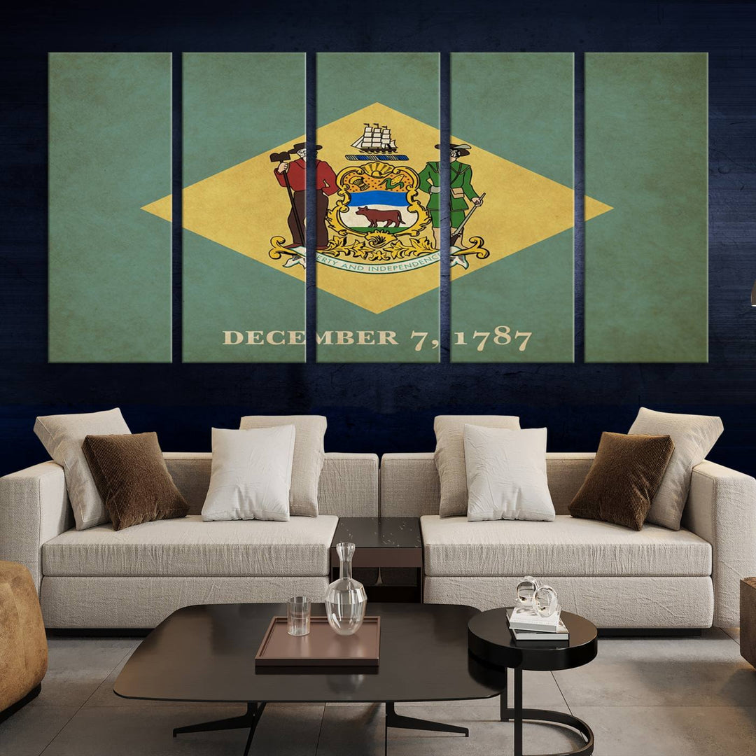 The Delaware States Flag Wall Art Canvas Print, featuring museum-quality material and a UV-protective coating, hangs elegantly, ready to be admired.