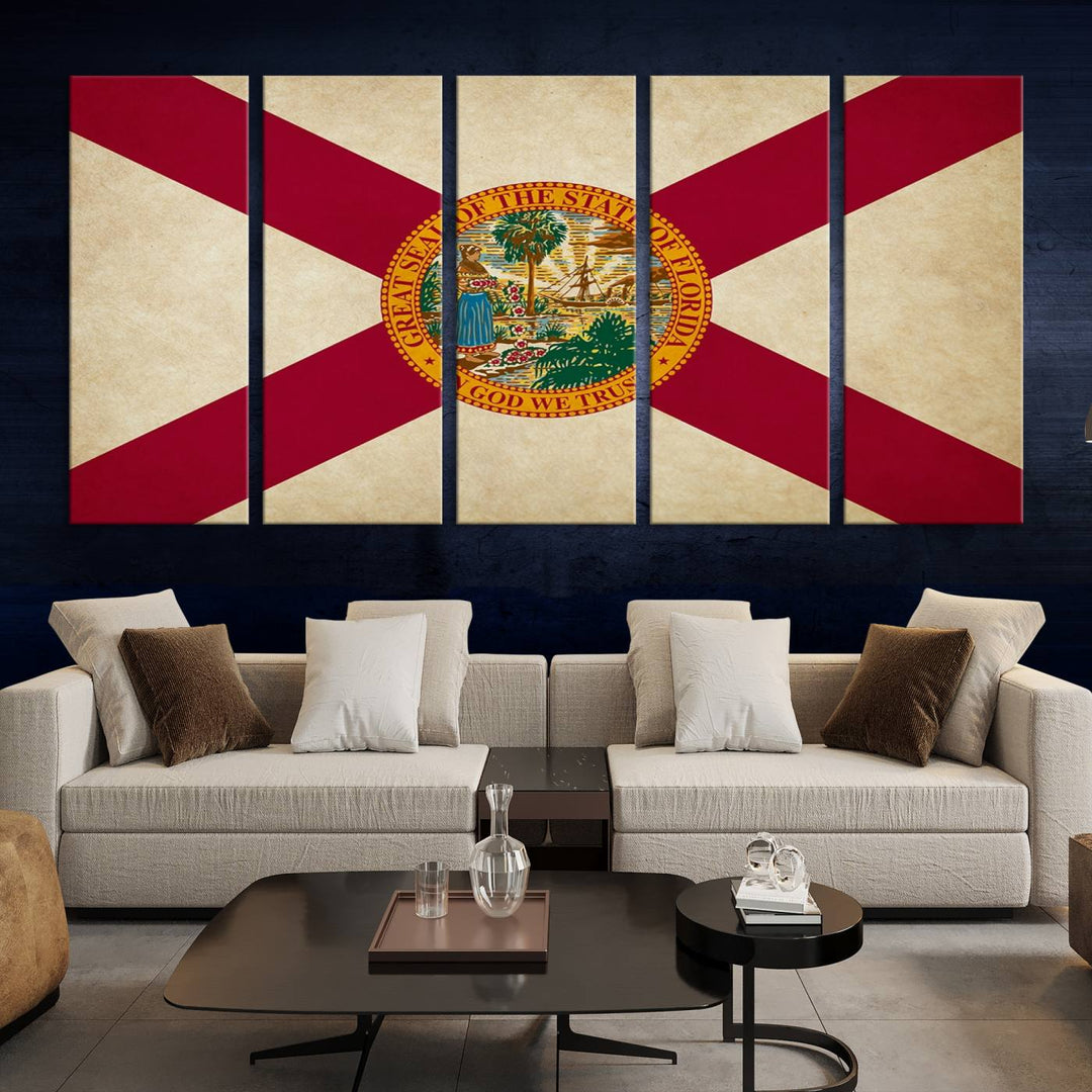 A Florida States Flag Wall Art Canvas Print, featuring a UV-protective coating for museum-quality preservation, is displayed.