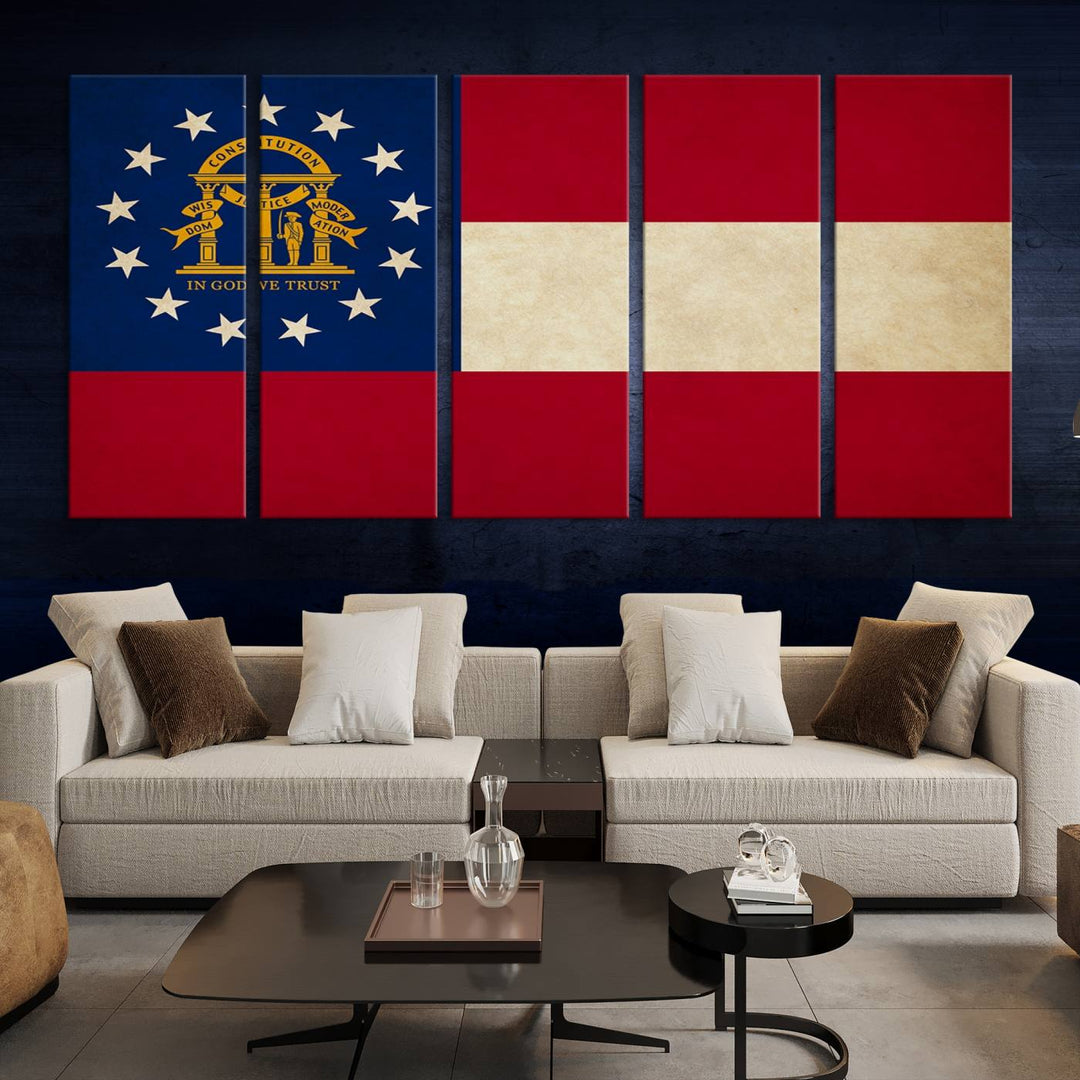 The Georgia States Flag Wall Art Canvas Print, coated with UV protection to preserve its vibrant colors, hangs on the wall.