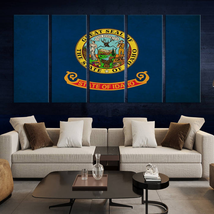 The Idaho USA States Flag Wall Art Canvas Print, featuring a UV-protective coating for lasting vibrancy, is ready to hang.