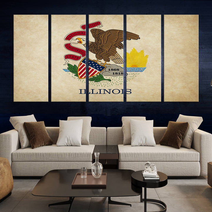 The Illinois State Flag Wall Art Canvas Print, crafted on museum-quality canvas with a UV-protective coating, is displayed prominently.