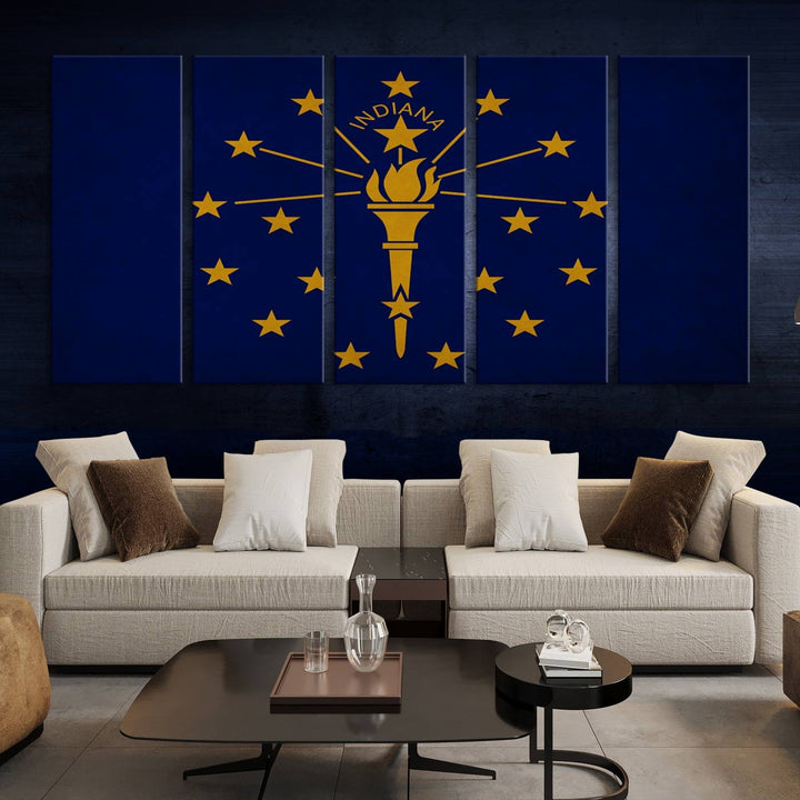 The Indiana States Flag Wall Art Canvas Print, featuring museum-quality canvas with a UV-protective coating, adorns the wall and brings an elegant and charming touch to your living space. Ready to hang, this piece becomes a standout feature in any room.