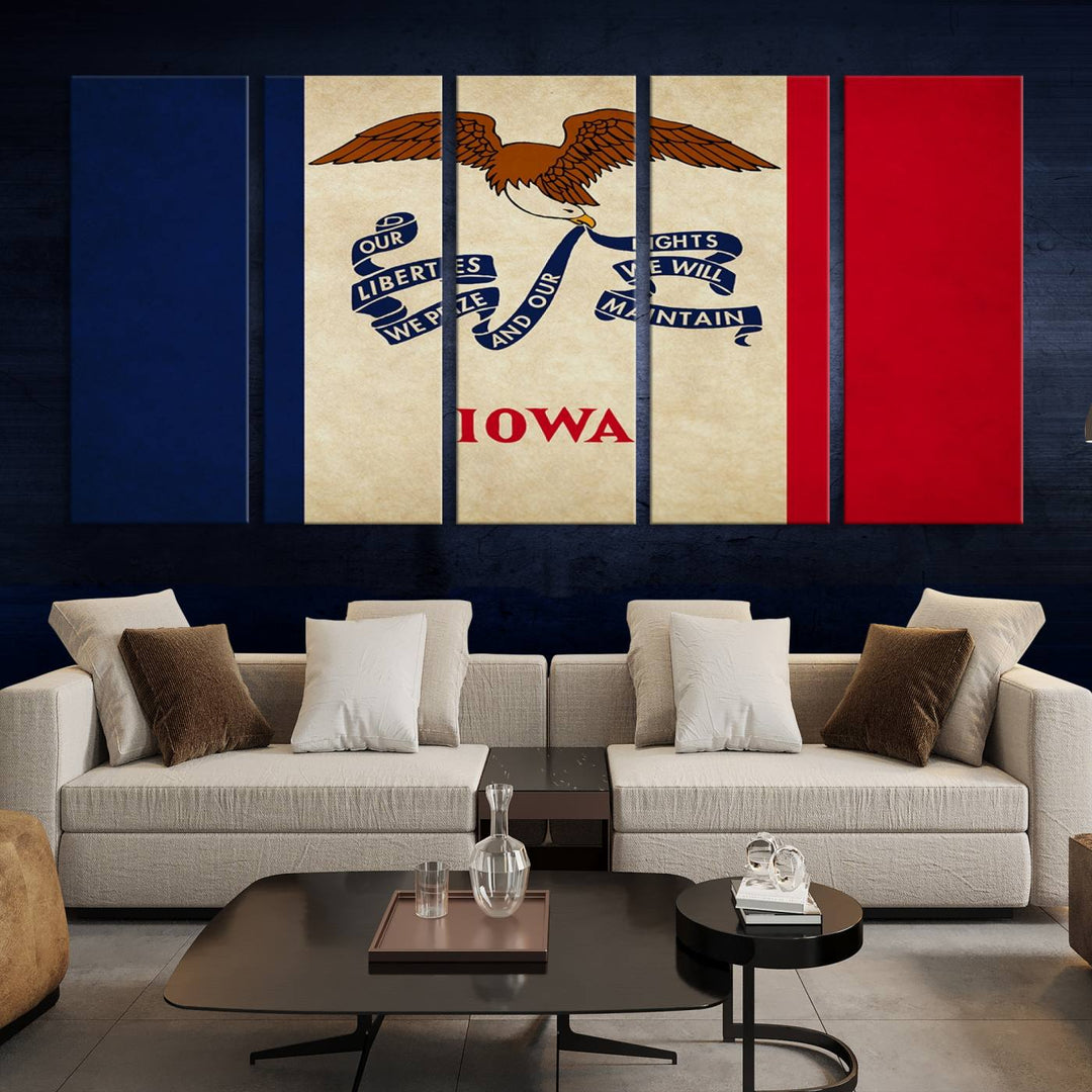 A beautiful Iowa States Flag Wall Art enhances the area, made on museum-quality canvas and boasting a gallery-wrapped design for enduring elegance.