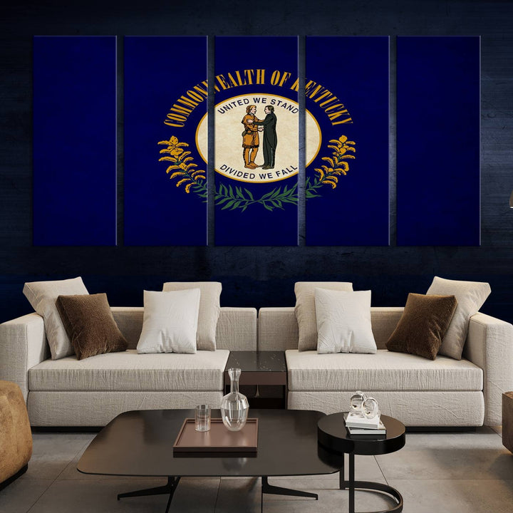 A museum-quality canvas of the Kentucky State Flag Wall Art graces the wall, featuring a UV-protective coating to maintain its vivid colors. Benefit from free shipping on this impressive home decor piece.