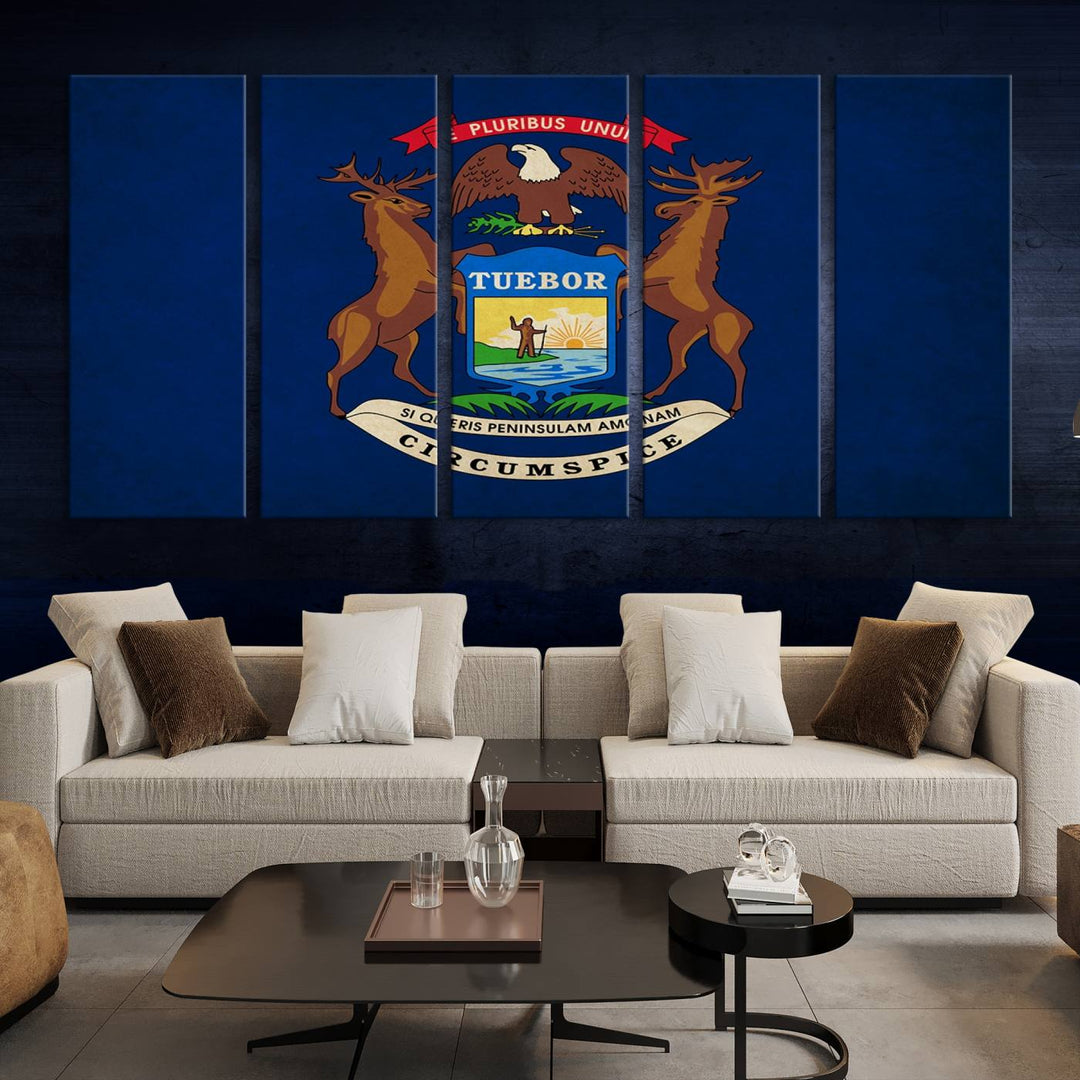 A piece of Michigan State Flag Wall Art on museum-quality canvas features a UV-protective coating to maintain its vibrant colors.